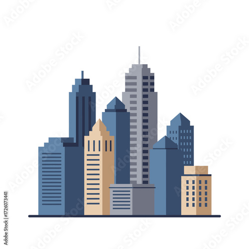 A cartoon cityscape of various skyscrapers in shades of blue gray and tan on a white background