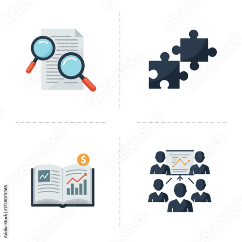A fourpanel grid showing icons representing analysis problemsolving finance and teamwork