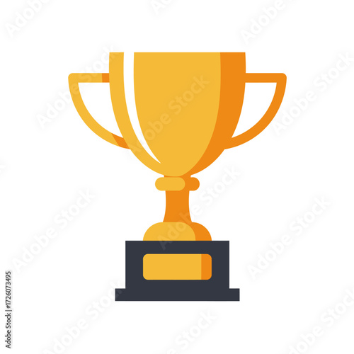 A golden trophy with handles stands on a dark gray rectangular base