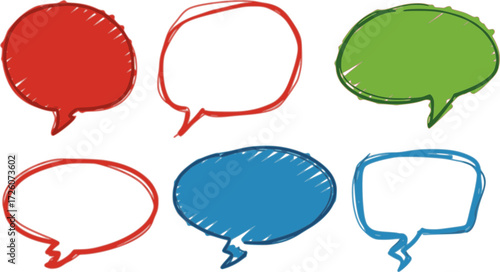 Colored hand drawn speech bubble collection. Doodled dialog box set. Scribbled textured marker comic talk frames. Red, blue, green balloon text box bundle. Bright sketched chat box pack. Vector