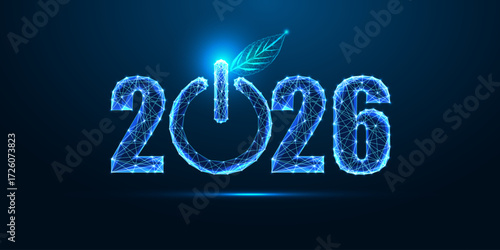 2026 New Year eco green power button with leaf in glowing digital low poly vector illustration