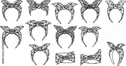 Set of bandana bow headband line art vector. Black and white bandana clipart
