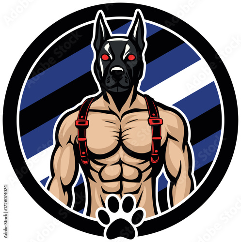 Gay puppy flag colors and guy in dog mask with harness. Circular graphic furry gay symbol (vector)