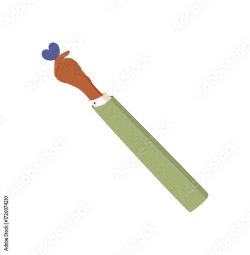 Flat style hand with heart. Diverse human arm showing love and aid. Charity and support concept in colorful abstract style. Gesture symbol for multicultural care solidarity themes.