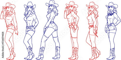 A set of vintage retro pin up style woman wearing western cowboy costume. line art illustration style
