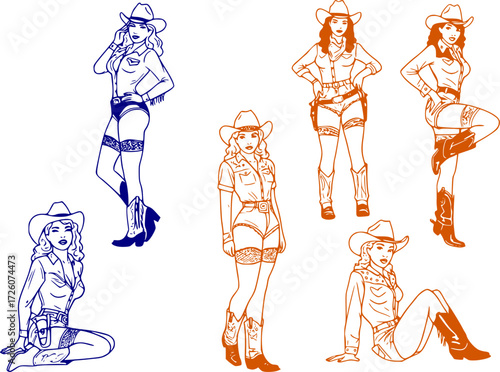 A set of vintage retro pin up style woman wearing western cowboy costume. line art illustration style
