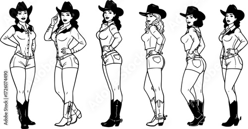 A set of vintage retro pin up style woman wearing western cowboy costume. line art illustration style
