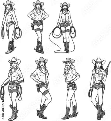 A set of vintage retro pin up style woman wearing western cowboy costume. line art illustration style
