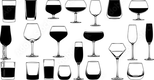 Glass and wineglass set. Different types of glasses and wineglasses on white. Vector illustration
