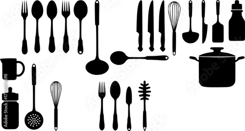Cutlery and kitchen utensils set. Kitchenware silhouette on white. Vector illustration
