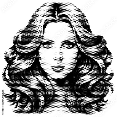 Girl with open hair vintage y2k halftone art, girl halftone stipple brutalist retro vector png with transparent background, bloom 2000s aesthetic photocopy effect tattoo