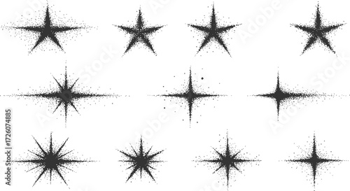 Black crayon hand drawn stars and sparkles set. Childish doodle sparks collection. Grunge rough brush stroke shine element pack for collage, poster, sticker, label. Kid sketched pencil symbols. Vector