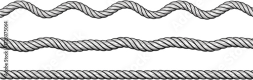Wavy rope curve set. Repeating hemp cord stripes collection. Wavy loop tie braid bundle. Seamless black and white plait pattern. Vector marine twine design elements for banner, poster, frame, border