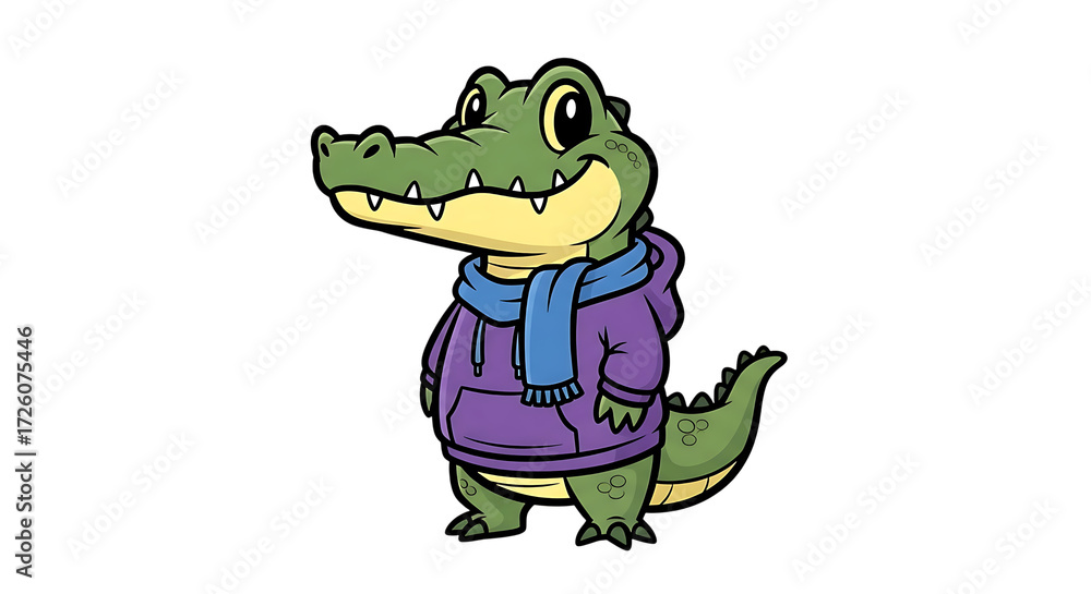 Obraz premium Adorable cartoon alligator wearing a purple hoodie and blue scarf, perfect for playful designs, kids' content, and friendly mascots.