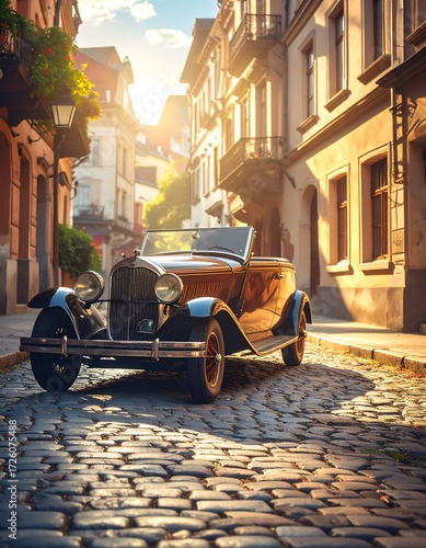 Vintage car in cobblestone street at sunrise
