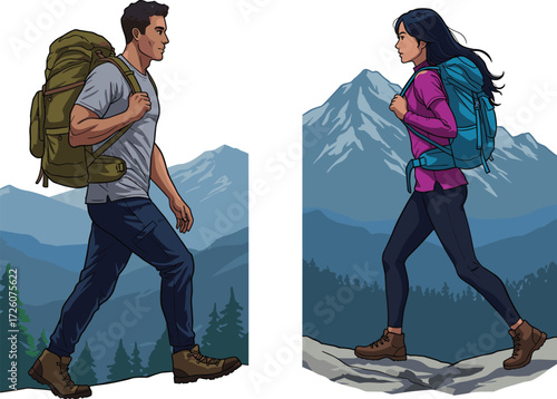 Hiking adventure in mountain landscape, outdoor exploration, nature travel, couple trekking, scenic wilderness, pine forest, snow peaks, healthy lifestyle, freedom