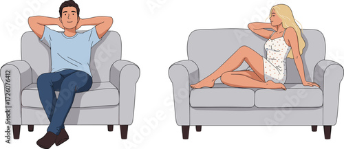 Relaxed lifestyle, casual posture, modern armchairs, indoor comfort, leisure moment, stylish people, cozy interior, home decor, peaceful vibe, fashion expression
