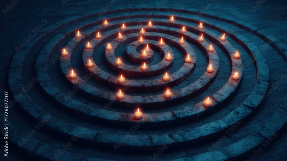 Fototapeta premium A tranquil arrangement of glowing candles in a spiral pattern on a textured stone surface, creating a serene and meditative atmosphere.