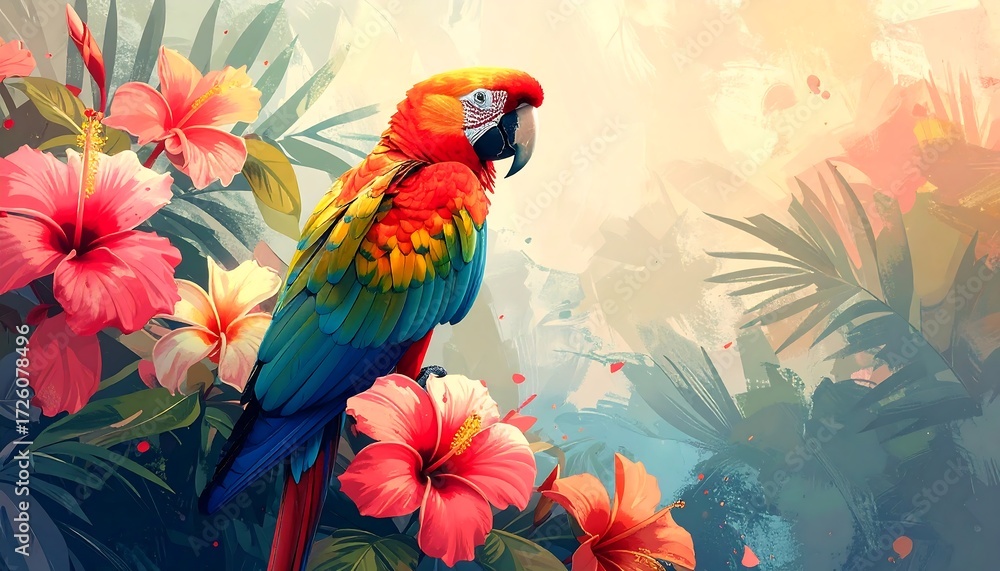 Obraz premium Vibrant parrot amidst lush tropical blooms