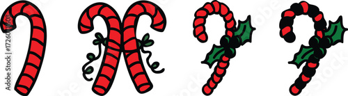 Vector art of a group of four red and black striped candy cane icons with green holly leaves and ribbons on a