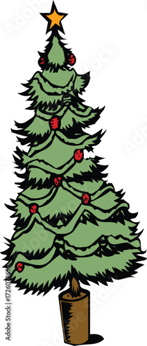 Vector art of a cartoon illustration of a decorated christmas tree with ornaments and a star on top