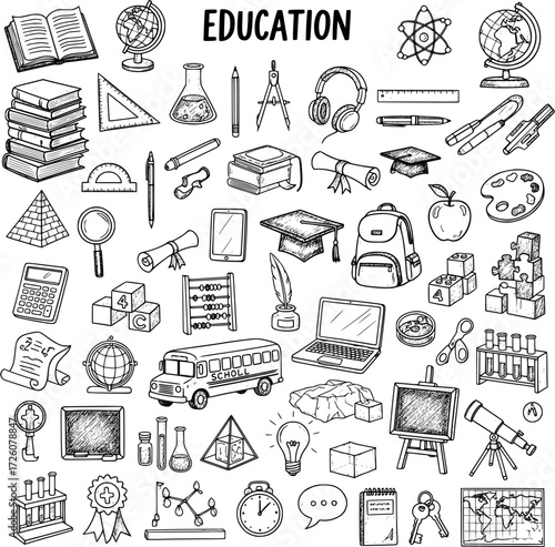 Education Doodle Collage: Hand-Drawn School Supplies  Learning Icons