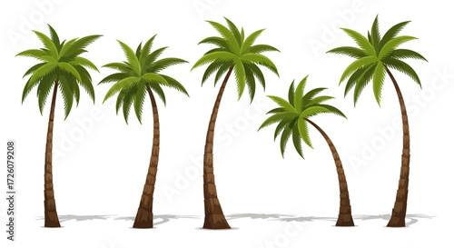 Illustration of five palm trees with green leaves and brown trunks.
