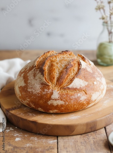 Freshly baked round loaf of bread on wooden board