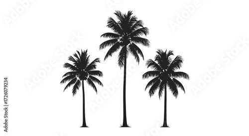 Three black silhouettes of tropical palm trees standing tall against a plain white background, depicting a serene island or beach scene.