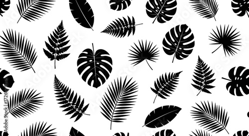 Black and white tropical leaves pattern, featuring various shapes and sizes, scattered across a white background.