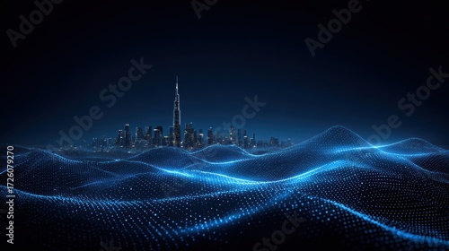 Futuristic Cityscape Data, AI, Digital Wave, Dubai Skyline
