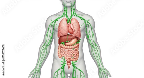 Comprehensive 3D Male Anatomy - Lymphatic System  Vital Internal Organs Illustration.