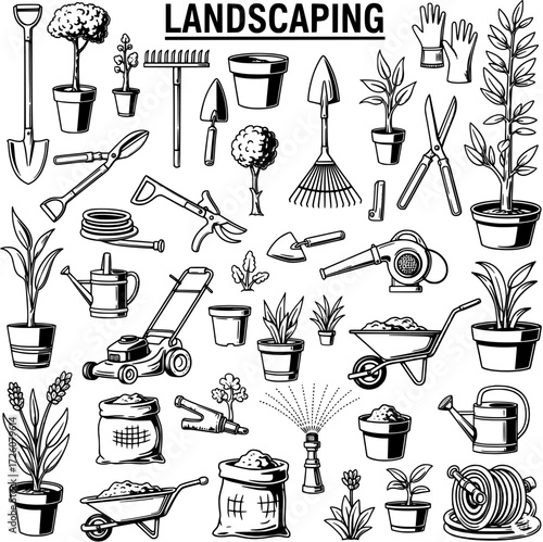 Black and white sketch set of essential landscaping and gardening tools, various plants, and supplies for outdoor design and garden maintenance.