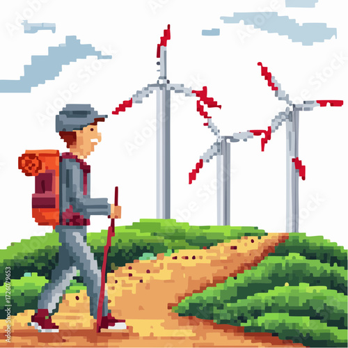 Pixel art illustration of a solo traveler hiking on a scenic trail with a backpack, walking past modern wind turbines generating renewable energy