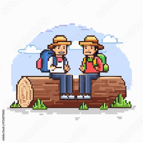 Pixel art illustration of two cheerful hikers resting on a wooden log, sharing conversation after a rewarding hiking trip through serene natural landscapes