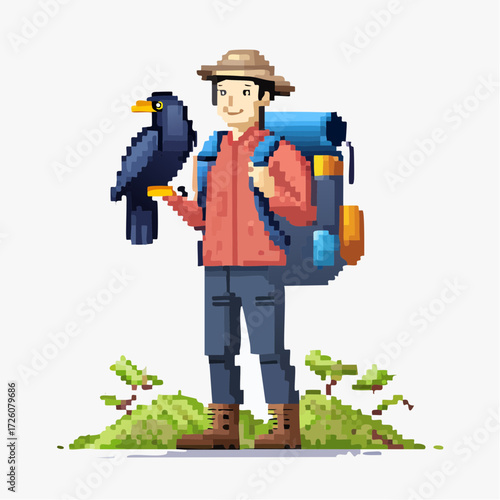 Pixel art illustration of a friendly male adventurer with a large backpack and a raven companion on an exciting solo hiking expedition