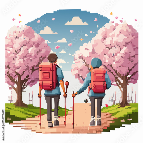 Pixel art couple enjoying a scenic hike through a blooming cherry blossom forest, embodying the spirit of adventure and nature exploration