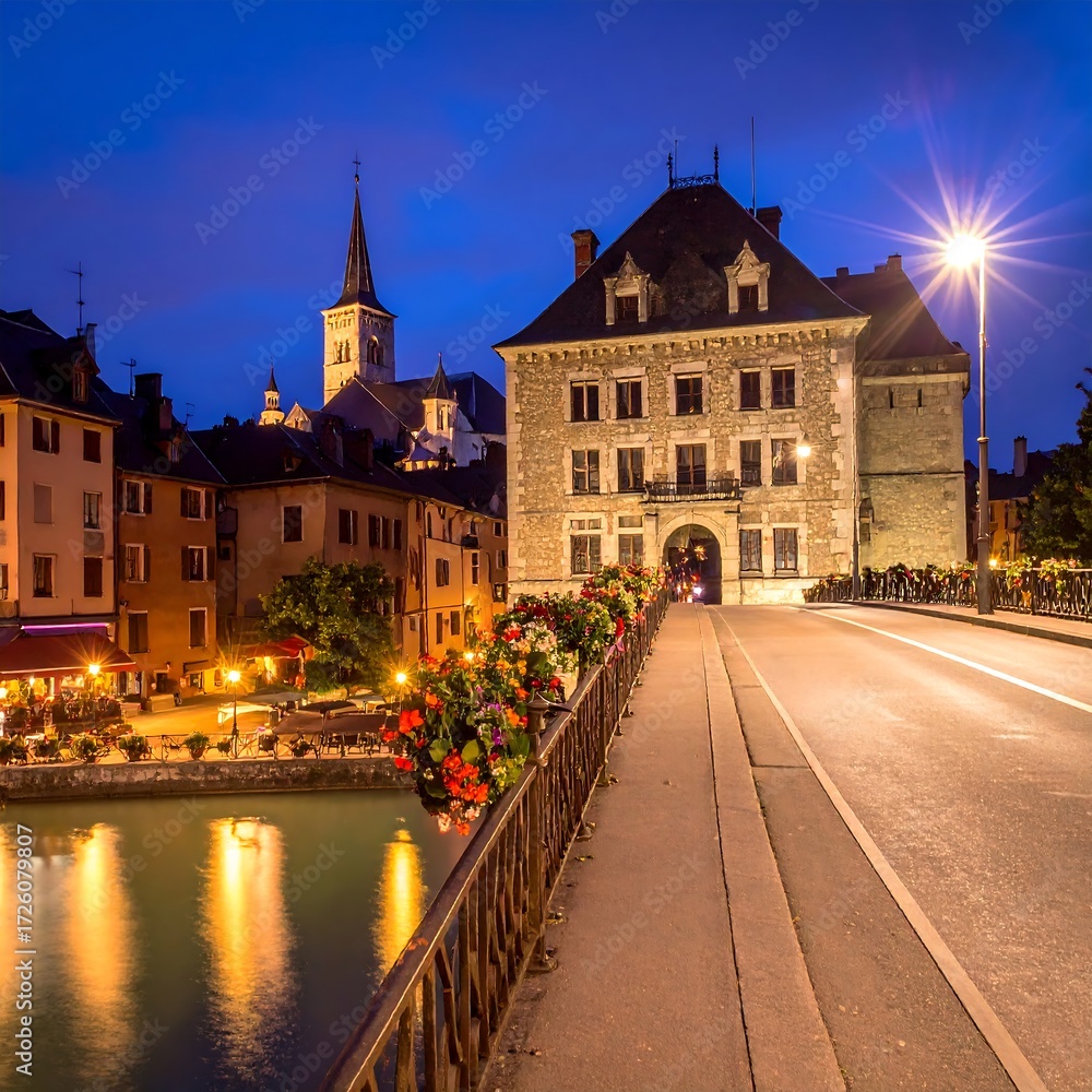 Obraz premium European town bridge at night