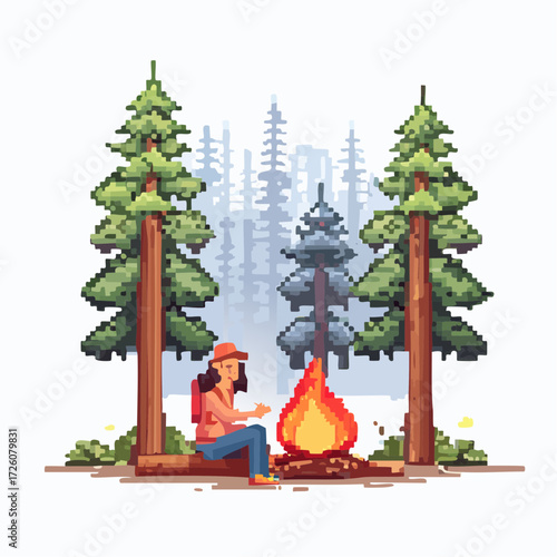 Pixel art vector illustration of a solo female traveler on a hiking adventure, resting by a glowing campfire in a peaceful pine forest