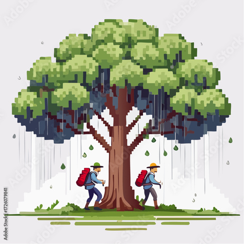 Digital pixel art of two friends on a hiking expedition, pausing for a moment under the expansive canopy of a magical weeping tree