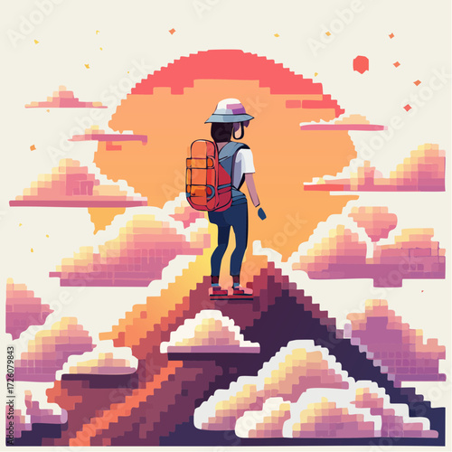 Pixelated adventure A determined hiker ascends a majestic mountain peak at sunset, symbolizing triumph, exploration, and the serene beauty of nature's heights