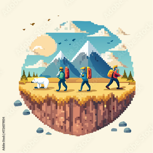 Pixelated hikers journey across a vibrant floating island in a charming digital landscape. Majestic mountains and a polar bear define this unique hiking adventure