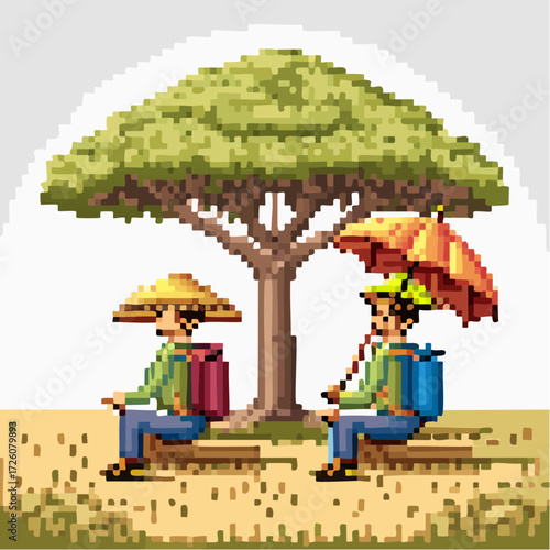 Pixel art illustration of two travelers taking a rest under a shady tree during a long hiking adventure in a retro 8-bit style