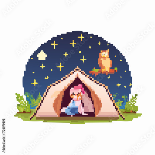 A serene night camping under a starry sky after a hiking trip, finding comfort in a tent with an owl observing the tranquil wilderness
