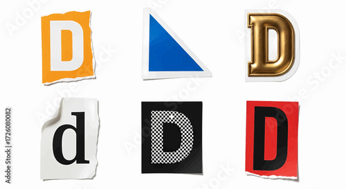 Ransom note letter D cutout style vector illustration set