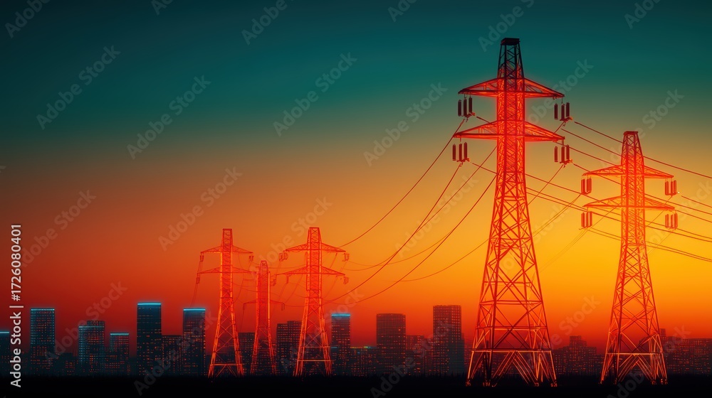 Naklejka premium Power Grid Cityscape: Energy, Infrastructure, Transmission