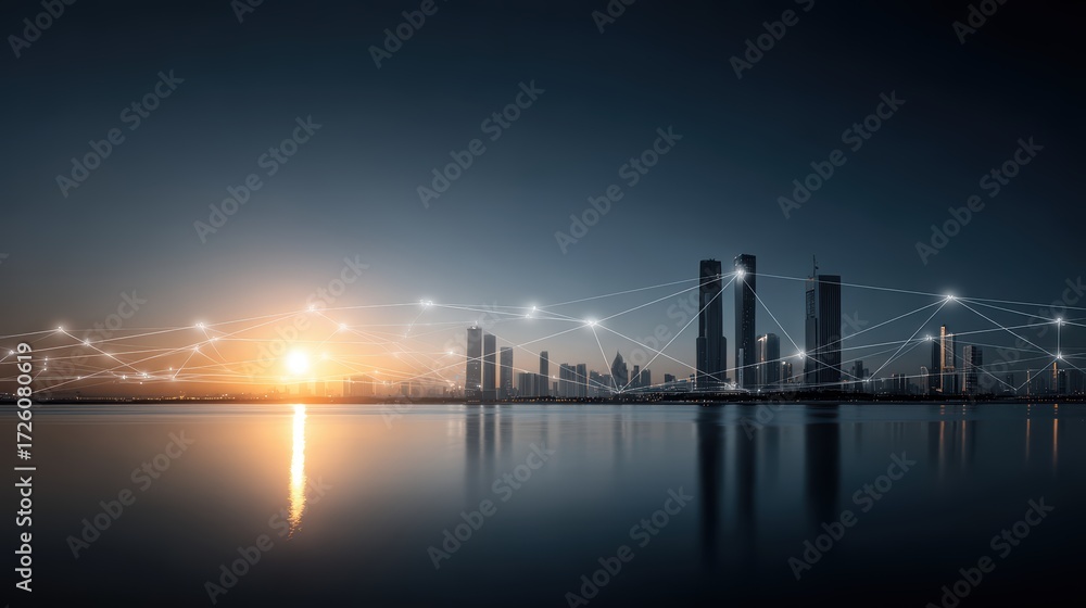Obraz premium Smart City Network: Connectivity, Technology, Modern Skyline