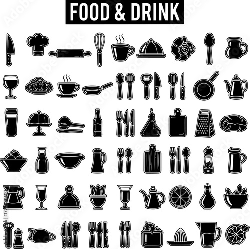 Food and Drink Kitchenware Collection: Black and White Silhouette Icons of Cooking Utensils, Dishes, and Beverages - Comprehensive Design Set
