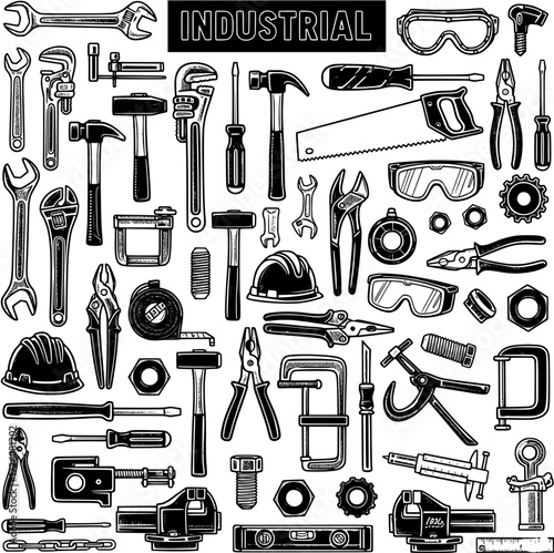 Industrial Tools Collection: Black and White Line Art Illustration of Essential Construction, Mechanic, and Carpentry Equipment, Hardware, and Safety Gear