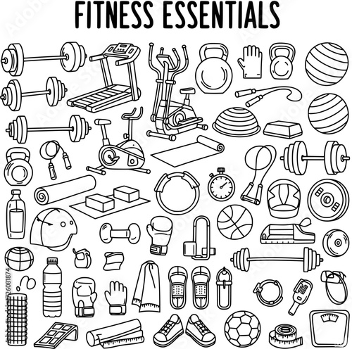 Fitness Essentials Doodle Set: Hand-drawn gym equipment, workout gear, and sports accessories vector on white.